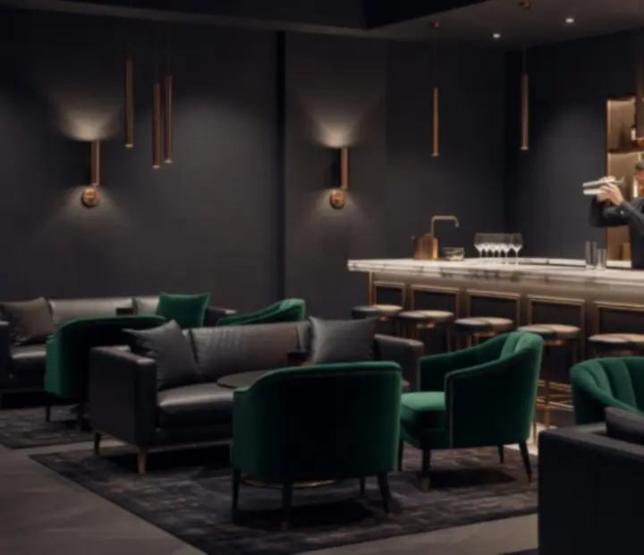 A cinematic cocktail lounge with graphite interiors, marble counters, and warm lighting