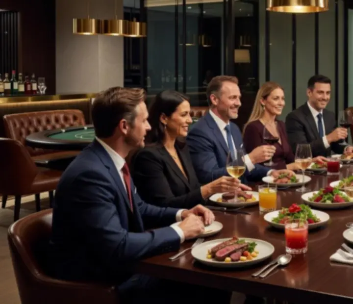 Corporate networking evening with guests enjoying cocktails in a sophisticated lounge
