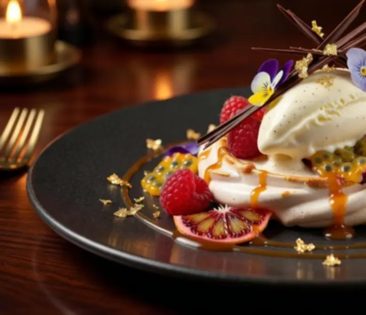 A close-up of an intricate handcrafted dessert at MidnightFlopClub