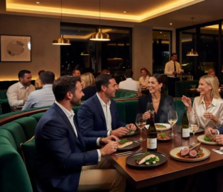 Cinematic view of a modern Australian restaurant with poker lounge ambiance at MidnightFlopClub