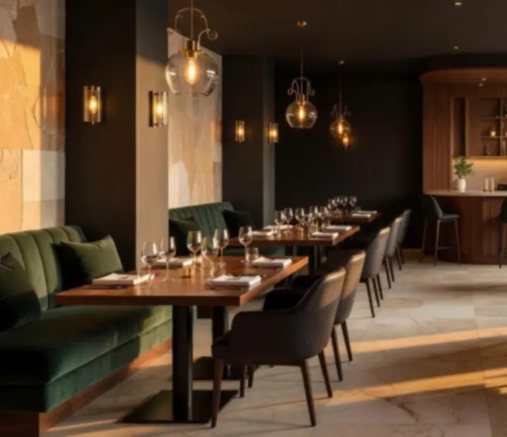 Interior of MidnightFlopClub with rich walnut, brass accents and ambient evening lighting