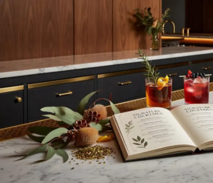 A luxury evening bar with signature cocktails under warm architectural lighting