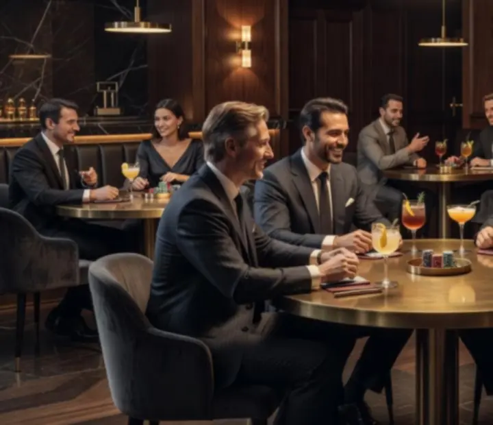 Cinematic poker lounge atmosphere at MidnightFlopClub with guests dining and playing cards