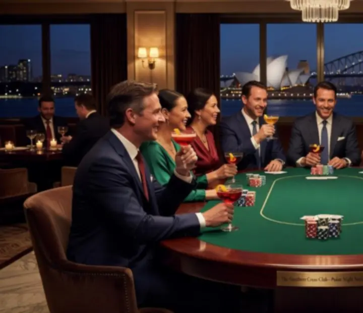 Guests enjoying cocktails around a poker table in a luxurious lounge