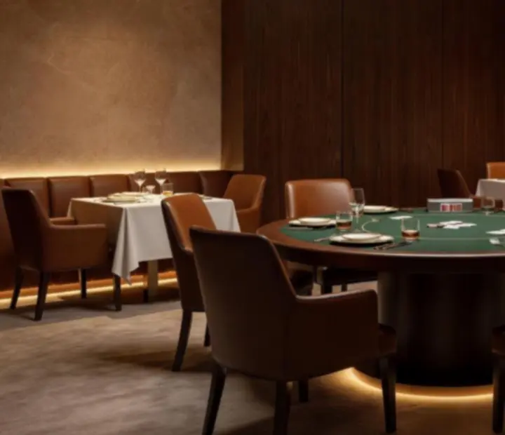 Private dining room with architectural glass, stone details and intimate lighting