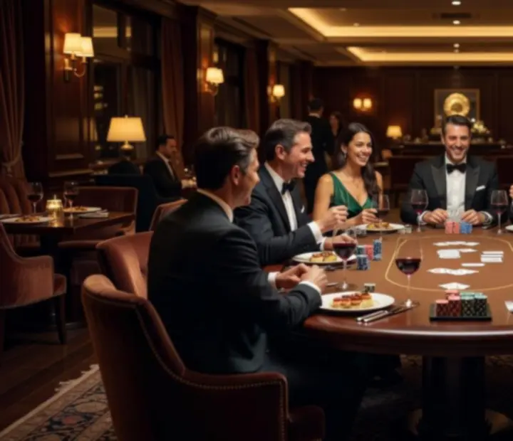 Private poker event with guests enjoying fine dining around an elegant poker table