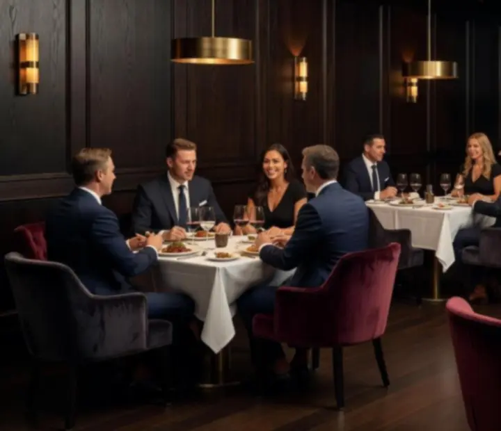 Cinematic evening scene at MidnightFlopClub with guests dining beside an elegant poker table
