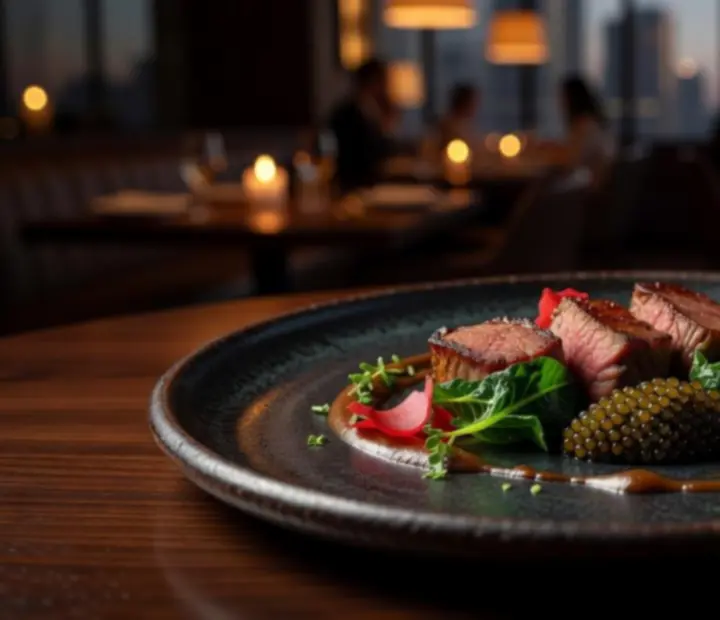 A precisely plated modern Australian signature dish under warm evening light